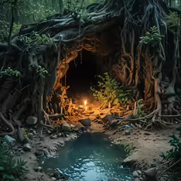 a very large and scary cave with fire in it