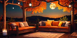 an outside patio with orange cushions and two sofas,a couple of couches that are on a porch
