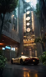 a white sports car parked in front of a very tall building