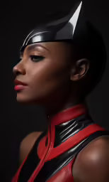 a woman with very pretty hair wearing a red leather outfit