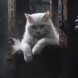 an adult white cat is sitting in a window