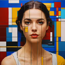 there is a woman that has a big colorful piece on it,a woman is shown through grids of colorful blocks