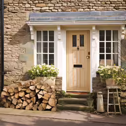 a front door sitting next to a stack of fire wood,a pair of ladders near some logs outside a stone building