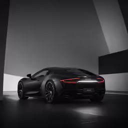 a black car in an empty room with white walls