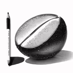 a black and white photo of an abstract ball next to a pen