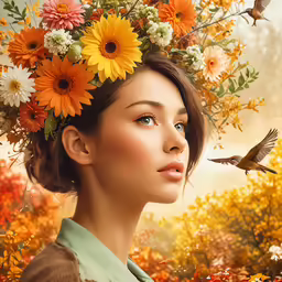 a woman with flowers on her head looking at the sky