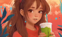 an animated painting of a woman holding a green smoothie,there is a woman holding a cup of green tea