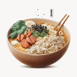 a bowl with noodles, meats and seasoning in it