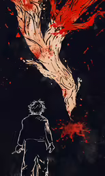 illustration of man and red bird against black background