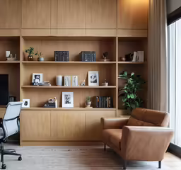 a home office with bookshelf full of books and plants