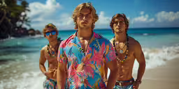 a group of young men standing on top of a beach next to the ocean,three men wearing summer swimsuits stand at the edge of the ocean