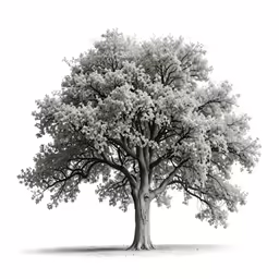 a large white tree in a field with grass