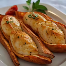 chicken breasts with parsley on top of them sit atop an english muffin