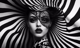 a woman with black makeup and stripes covers her head