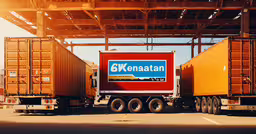 a red truck is carrying a box on the back,a large orange truck with a blue sign on the back