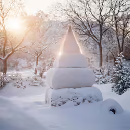 a triangle made of snow stands in the middle of trees