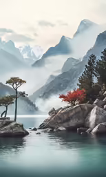 two pine trees in the middle of a lake