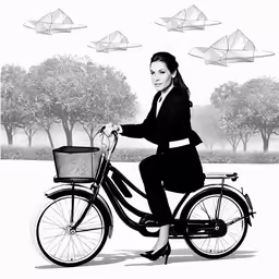 black and white picture of a woman riding on a bike with paper airplanes above her