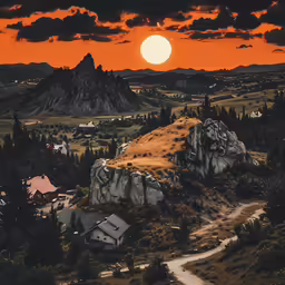 a painting of a rocky mountain village and a red sun over mountains