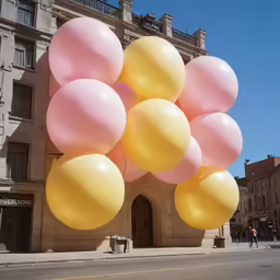 balloons are hanging from the corner near an old building