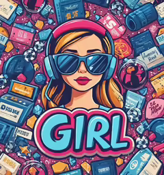 a girl wearing headphones, sunglasses and head phones surrounded by different types of items
