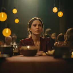 a woman sitting in front of people at a table