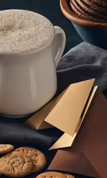 a cup and cookies on a table