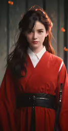 a woman in a kimono with black leather sash