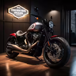 a motorcycle parked next to a sign and a door