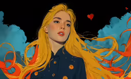 an illustration of a blonde haired woman with long hair and blue blouse