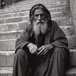 a man with long white hair and a beard on stairs