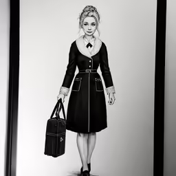 a drawing of a woman carrying a bag