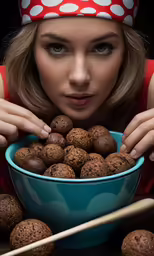 a close up of a woman holding a bowl of fruit