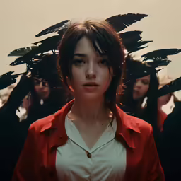 a woman standing in front of a group of people with hair flying up