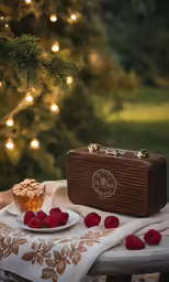 food on a table with lite up trees in the background