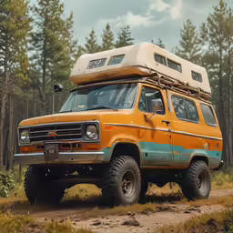 the old van is parked near some trees