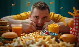 a young man has his eyes open as he lays in front of a bunch of food