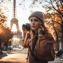 woman talking on cell phone in front of the eiffel tower