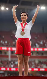 a woman wearing red shorts stands on a winners podium