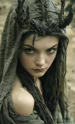 a beautiful woman dressed in elf makeup with horns