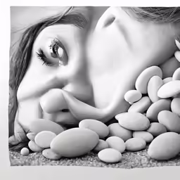 the eyes of a woman with a pile of rocks
