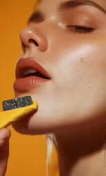 a beautiful young woman brushing her teeth and holding a banana