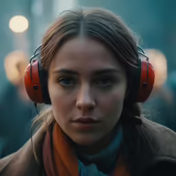 a young woman wearing headphones stares into the camera