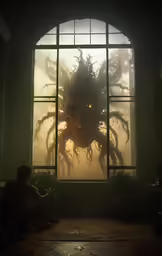 some strange looking face and body in the middle of window
