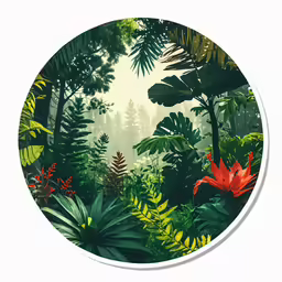 a circle painting with plants and trees in the background