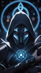 a character in a futuristic suit with a hoodie and eye patch