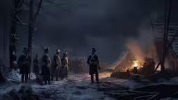 soldiers stand in front of burning logs and trees,several soldiers standing around a camp fire on a snowy day