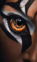 a close up of a womans face with her eye painted as a tiger