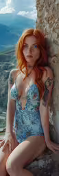 a young girl with bright orange hair is posing for the camera,a woman with red hair sitting on the ground