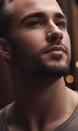 a man staring to the side and wearing a grey shirt
